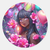Anime Themed Birthday Girl of Color Runder Aufkleber (Vorderseite)