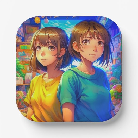 Anime Themed Twin Girls Geburtstagsparty Pappteller (Vorderseite)