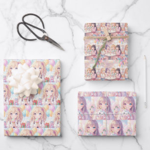 Anime-Themen-Mädchen-Geburtstag Geschenkpapier Set