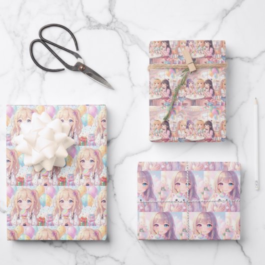 Anime-Themen-Mädchen-Geburtstag Geschenkpapier Set (Vorderseite)