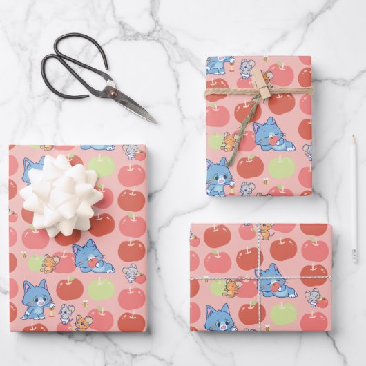 Anime Tom, Jerry und Tuffy Apple Pattern Geschenkpapier Set (Vorderseite)