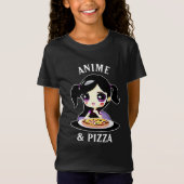 Anime und Pizza Schwarz und Lila Cartoon T-Shirt (Vorderseite)