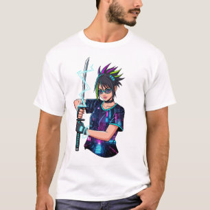 Anime Warrior Girl - Cyberpunk Neon Katana T-Shirt
