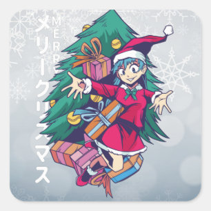 Anime-Weihnachtspullover - Glückliches Mädchen mit Quadratischer Aufkleber
