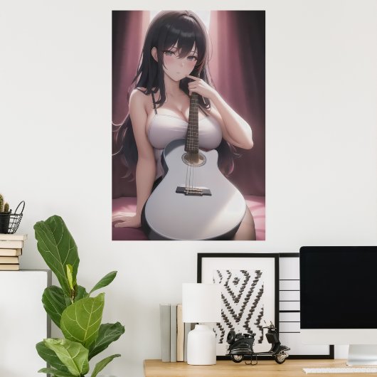 Anime young lady mit Gitarre | Art der AI Poster (Heimbüro)