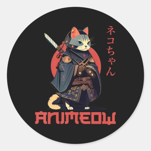 ANIMEOW Fun Niedlich Samurai Kawaii Cat Ninja Kost Runder Aufkleber (Vorderseite)