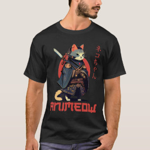 ANIMEOW Spaß Süßer Samurai Kawaii Katzen Ninja Kos T-Shirt