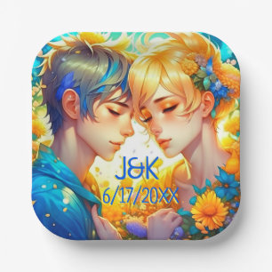 Animeschüler und Mädchen Florales Paar Personalisi Pappteller