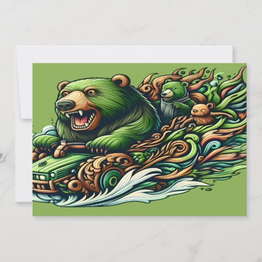 Animierte Bären fahren mit einem grünen Auto Dankeskarte (Vorderseite)