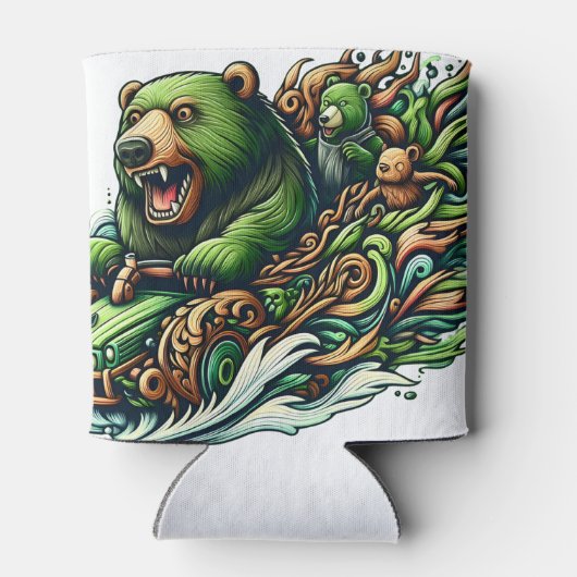 Animierte Bären fahren mit einem grünen Auto Dosenkühler (Rückseite)