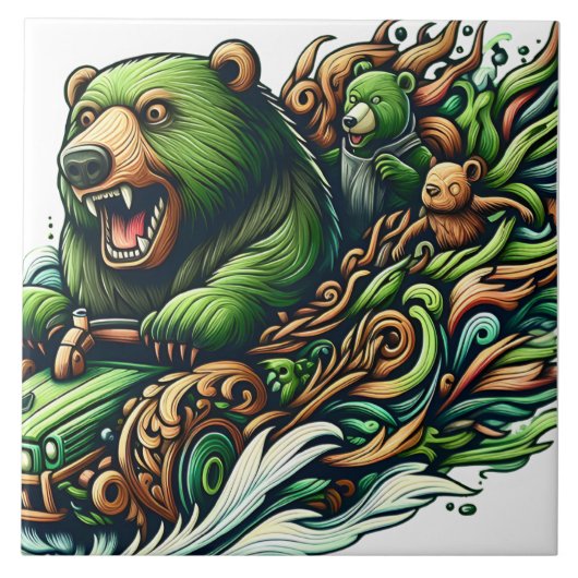 Animierte Bären fahren mit einem grünen Auto Fliese (Vorderseite)