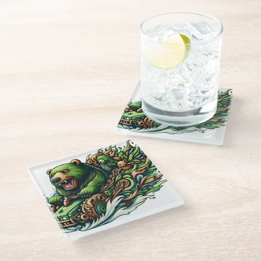 Animierte Bären fahren mit einem grünen Auto Glasuntersetzer (Schrägansicht)