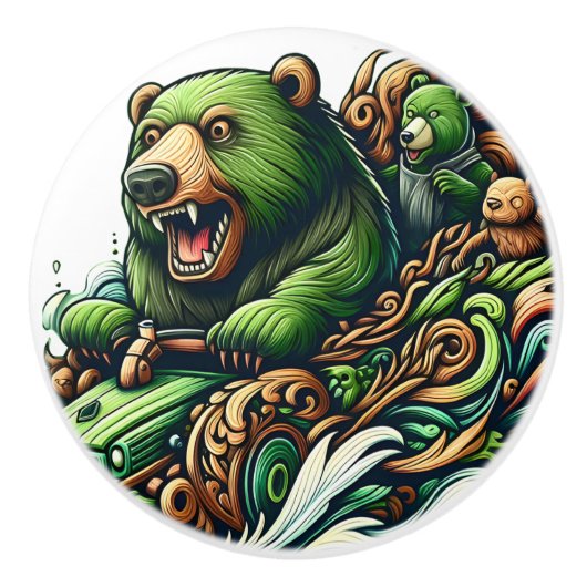 Animierte Bären fahren mit einem grünen Auto Keramikknauf (Vorderseite)