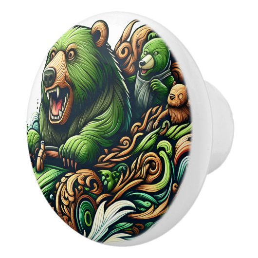 Animierte Bären fahren mit einem grünen Auto Keramikknauf (Rechts)