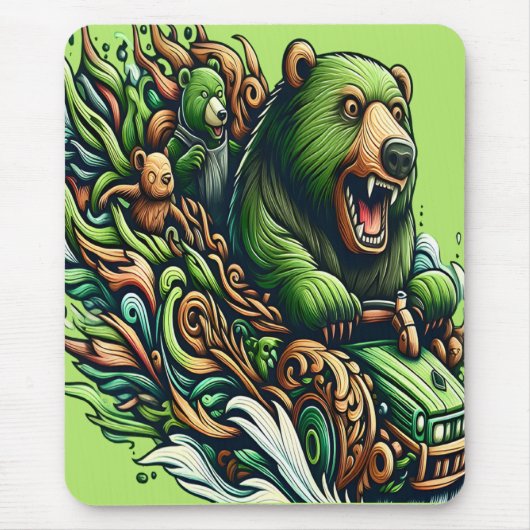 Animierte Bären fahren mit einem grünen Auto Mousepad (Vorne)