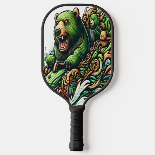 Animierte Bären fahren mit einem grünen Auto Pickleball Schläger (Rückseite)