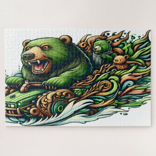 Animierte Bären fahren mit einem grünen Auto Puzzle