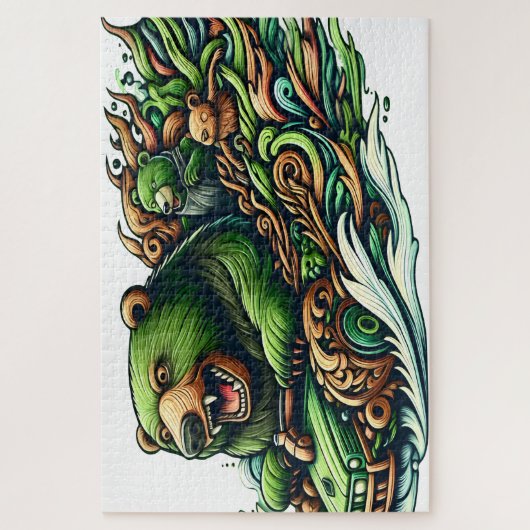 Animierte Bären fahren mit einem grünen Auto Puzzle (Vertikal)