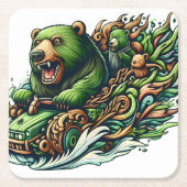 Animierte Bären fahren mit einem grünen Auto Rechteckiger Pappuntersetzer (Vorderseite)