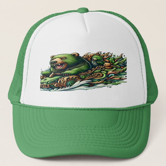 Animierte Bären fahren mit einem grünen Auto Truckerkappe (Vorderseite)