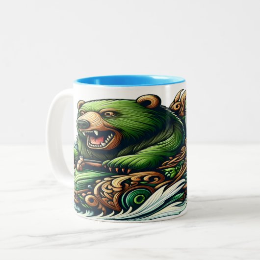 Animierte Bären fahren mit einem grünen Auto Zweifarbige Tasse (Vorderseite Links)