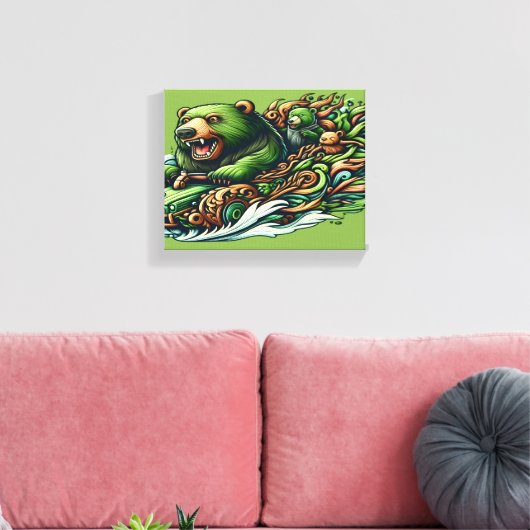 Animierte Bären Reiten eines grünen Autos in einer Leinwanddruck (Insitu (Wohnzimmer))