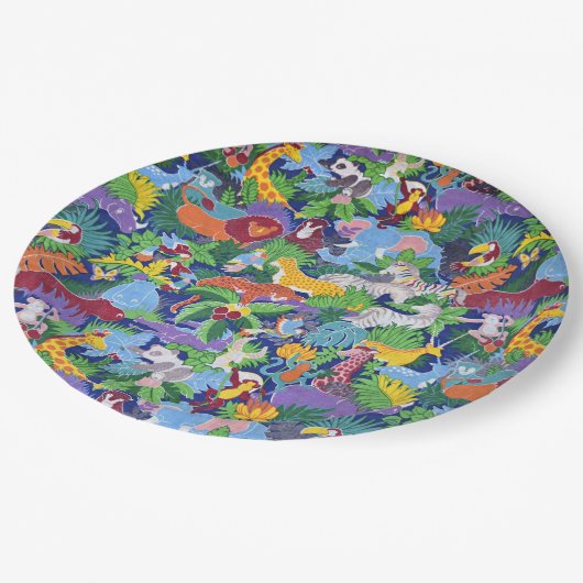 Animierte Safari-Tiere Pappteller (Schrägansicht)