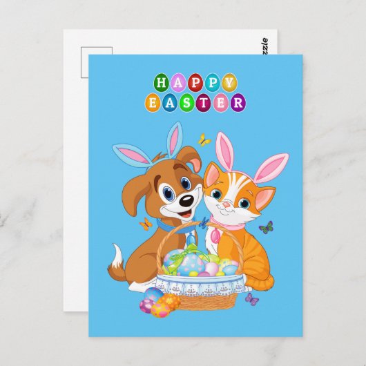 Animierter Osterhund und Katzenhintergrund Postkarte (Vorne/Hinten)