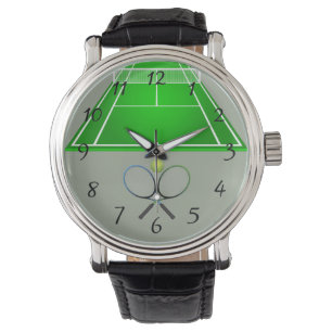 Animierter Tennisplatz und Schläger mit großer U Armbanduhr