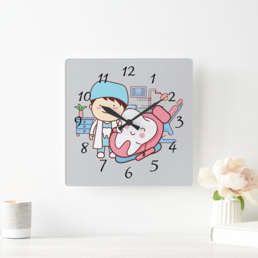 Animierter Zahnarzt mit einer großen Uhr (Zuhause)