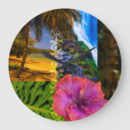 Anini Beach, Kauai Hawaiian Collage Große Wanduhr (Vorderseite)