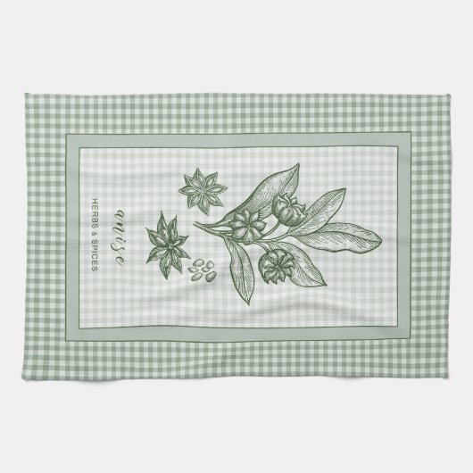 Anise Herb Kitchen Towel – Green Gingham Border Geschirrtuch (Horizontal)
