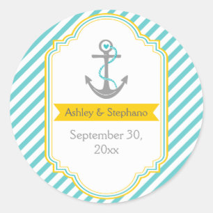 Anker aqua, gelbe nautische Hochzeit Save the Date Runder Aufkleber