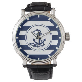 Anker auf dem Segler Nautic Blue and White Stripes Armbanduhr