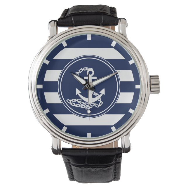 Anker auf dem Segler Nautic Blue and White Stripes Armbanduhr (Vorderseite)