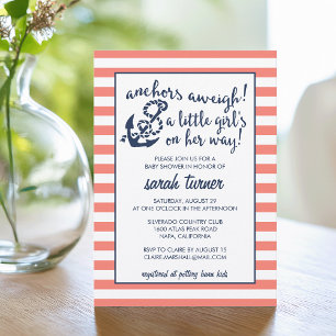 Anker Aweigh! Coral Nautical Girl Baby Shower Einladung