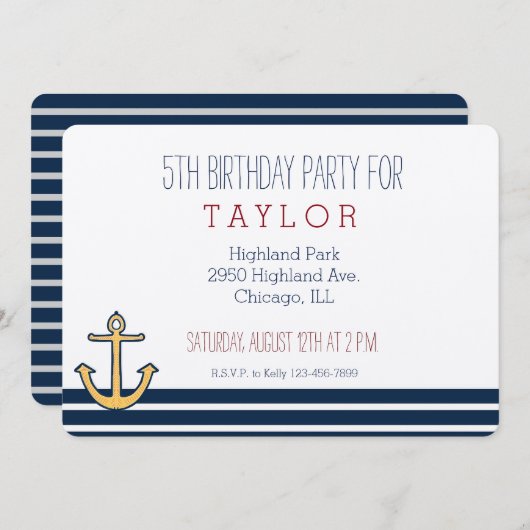 Anker der Nautic Navy Blue Stripes Einladung (Vorne/Hinten)