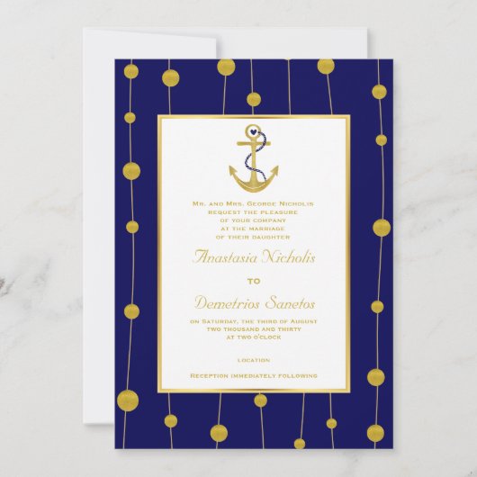 Anker, Goldperlen marineblaue Hochzeit Einladung (Vorderseite)