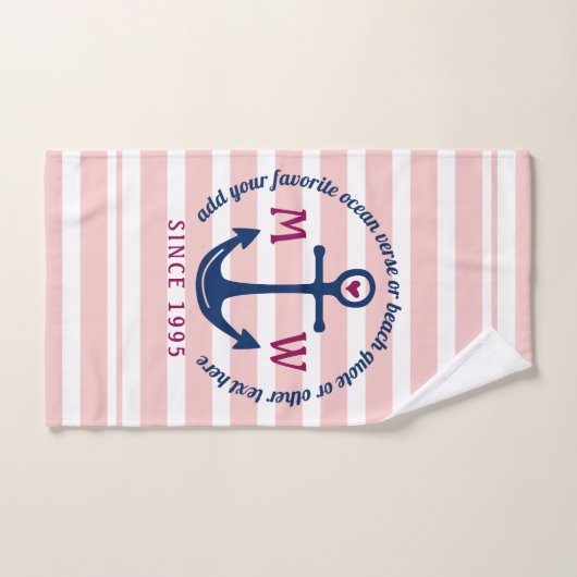 Anker-Herz-Rosa Stripes Seemonogramm-Logo Handtuch (Handtuch)