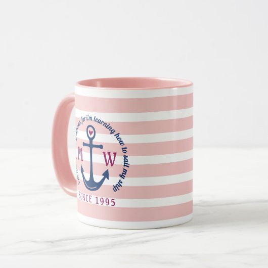 Anker-Herz-Rosa Stripes Seemonogramm-Logo Tasse (Vorderseite Links)