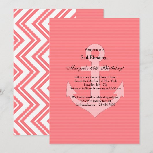 Anker in rosa Einladung (Vorne/Hinten)