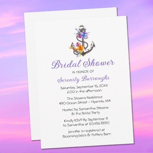 Anker Lila florales nautisches Brautparty Einladung