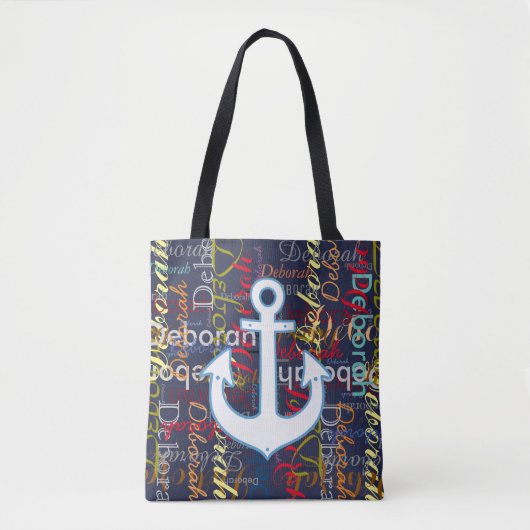 Anker mit farbenfrohen Namen auf blau Tasche (Vorderseite)