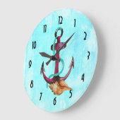 Anker mit Seil und Muschel in Wasserfarben Große Wanduhr (Winkel)