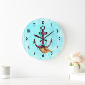 Anker mit Seil und Muschel in Wasserfarben Große Wanduhr (Zuhause)