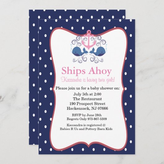 Anker mit Walen zur Einladung von zwei Babyduschen (Vorne/Hinten)