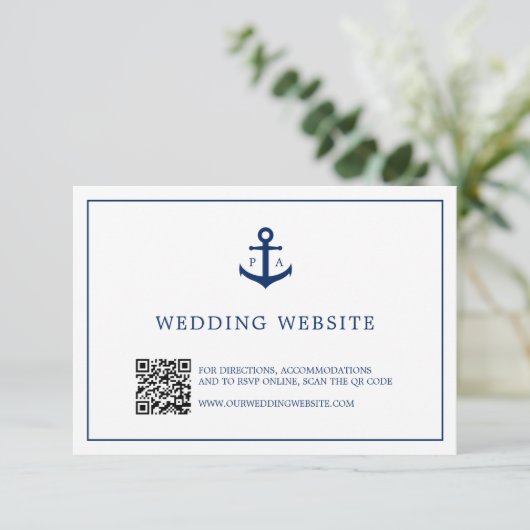 Anker Monogram QR Code Nautical Website Wedding Begleitkarte (Stehend Vorderseite)
