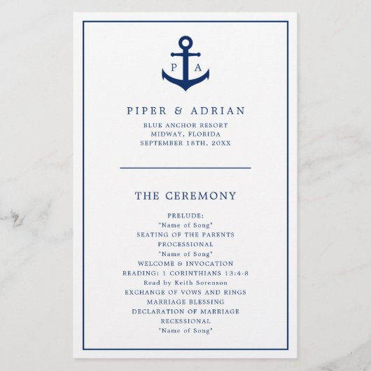 Anker-Monogramm-nautisches Hochzeitsprogramm zum g (Vorne)