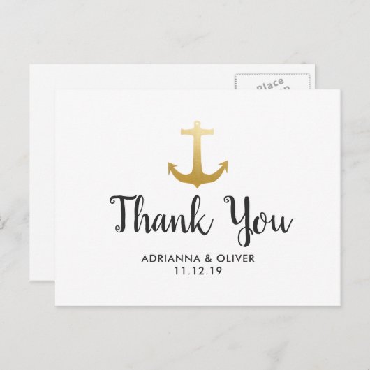 Anker Nautical Imitats Gold Foil | Hochzeit Danke Postkarte (Vorne/Hinten)