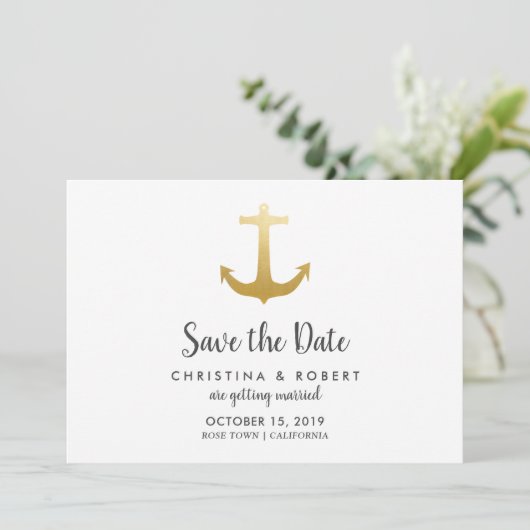 Anker Nautical Imitats Gold Foil | SAVE THE DATE Einladung (Stehend Vorderseite)